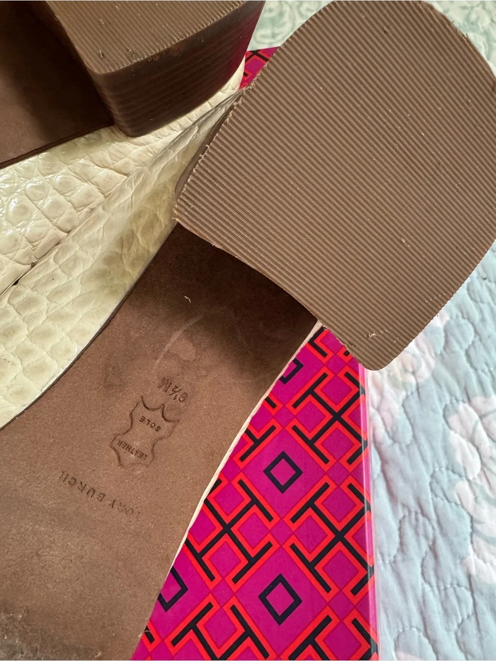 Tory Burch Cream Croc-Embossed Logo Heels